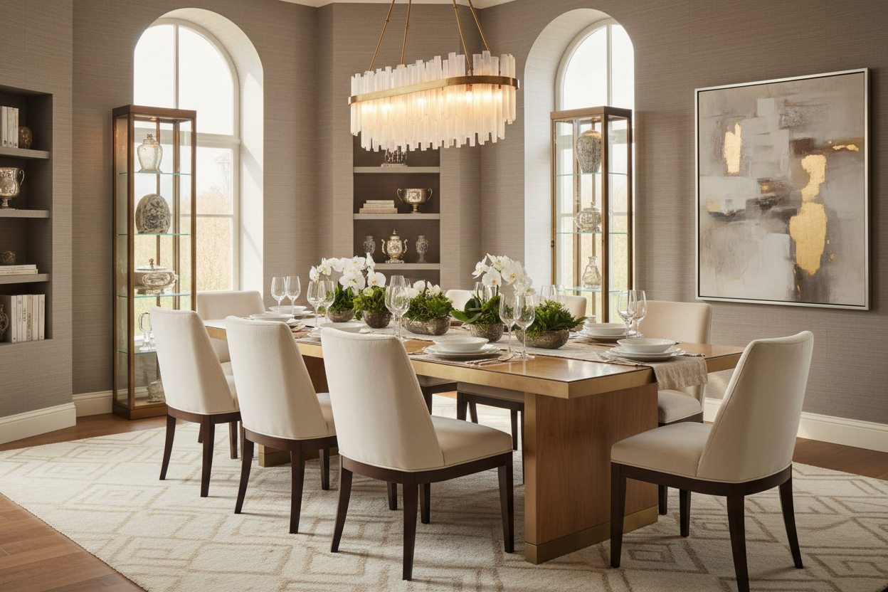 A well-decorated and fashionable luxury dining area interior, elegant dining table set with premium chairs, neutral backdrop, warm natural light, subtle premium decor accents, photorealistic, ultra-detailed, professional interior photography for furniture store catalog, no people