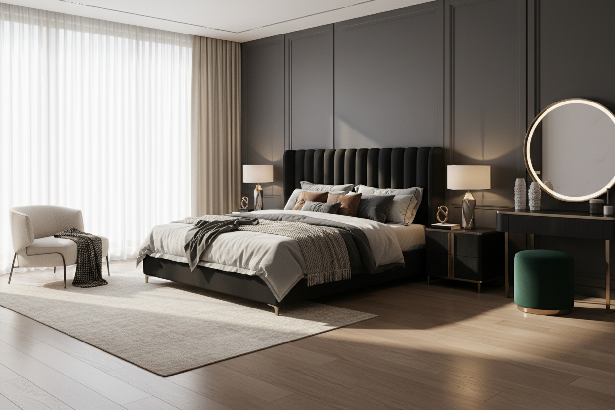 Luxurious modern bedroom with Celeste Noir Bed set, side tables, dressing table, and seating stool. Stylish mix of light and dark areas, natural sunlight on one side, dark accent walls on the other. Cozy bedding, elegant textures, minimalist décor, warm and inviting atmosphere, realistic shadows and reflections, high-quality 4K professional rendering, perfect for website slideshow.