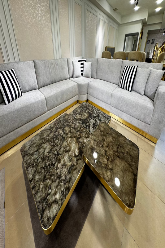 Gray sectional sofa with marble coffee table in a modern living room.