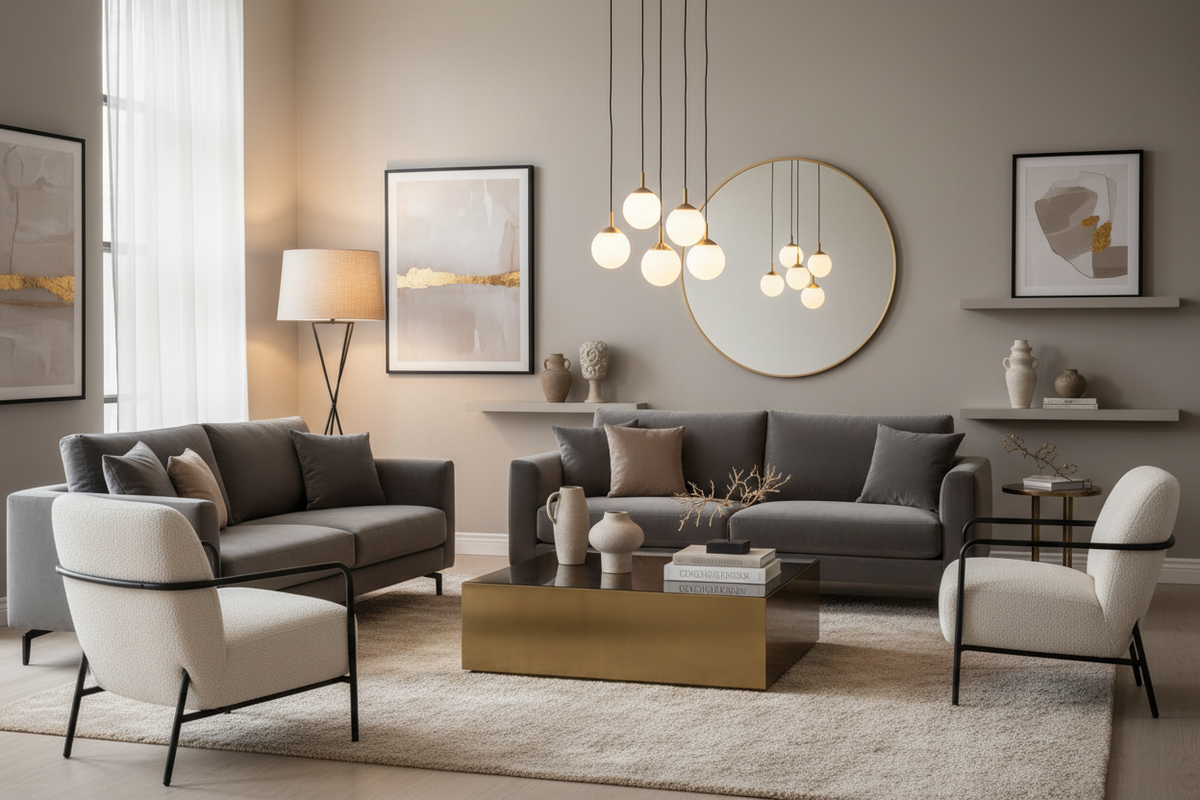 A stylish, well-decorated and fashionable modern living room interior featuring premium modern furniture — sleek sofa set, minimalist coffee table, neutral tone decor with warm lighting, elegant accents, calm and premium aesthetic, photorealistic, ultra-detailed, professional interior photography suitable for furniture store website, no people, brand style
