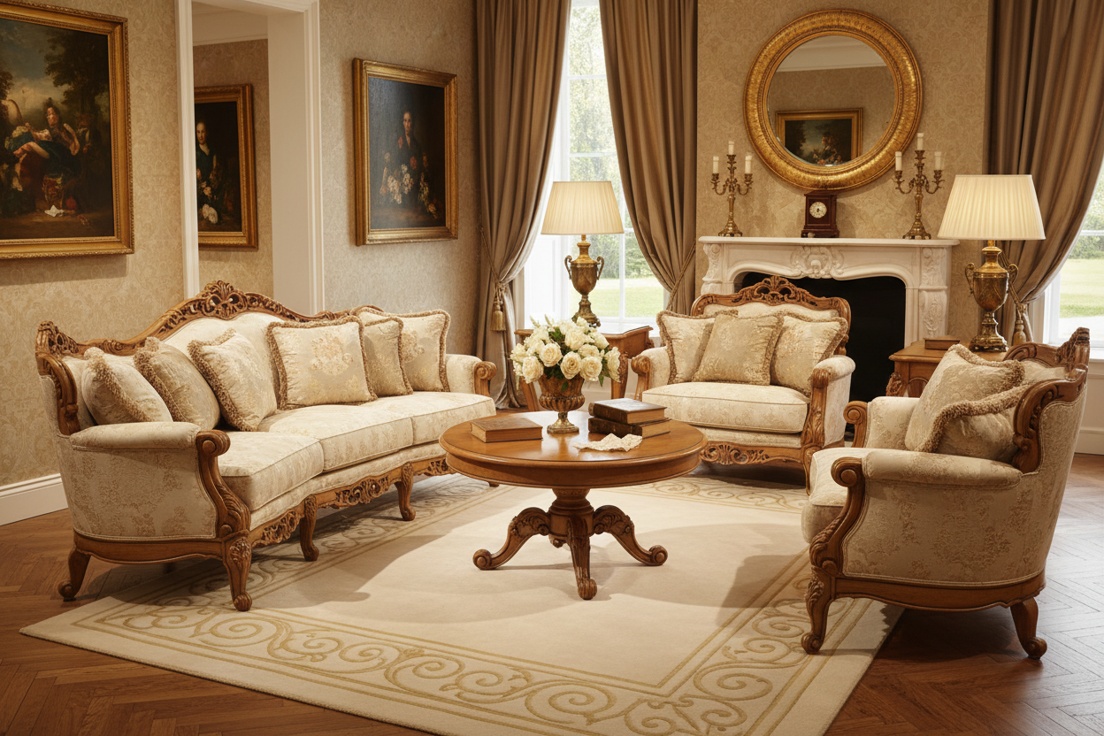 A well-decorated and fashionable classic furniture interior with refined carved wooden pieces, plush upholstery, warm elegant tones, beige and cream palette with subtle gold accents, cozy lighting, luxurious traditional styling, photorealistic, high resolution, interior photography, no people, premium furniture store look
