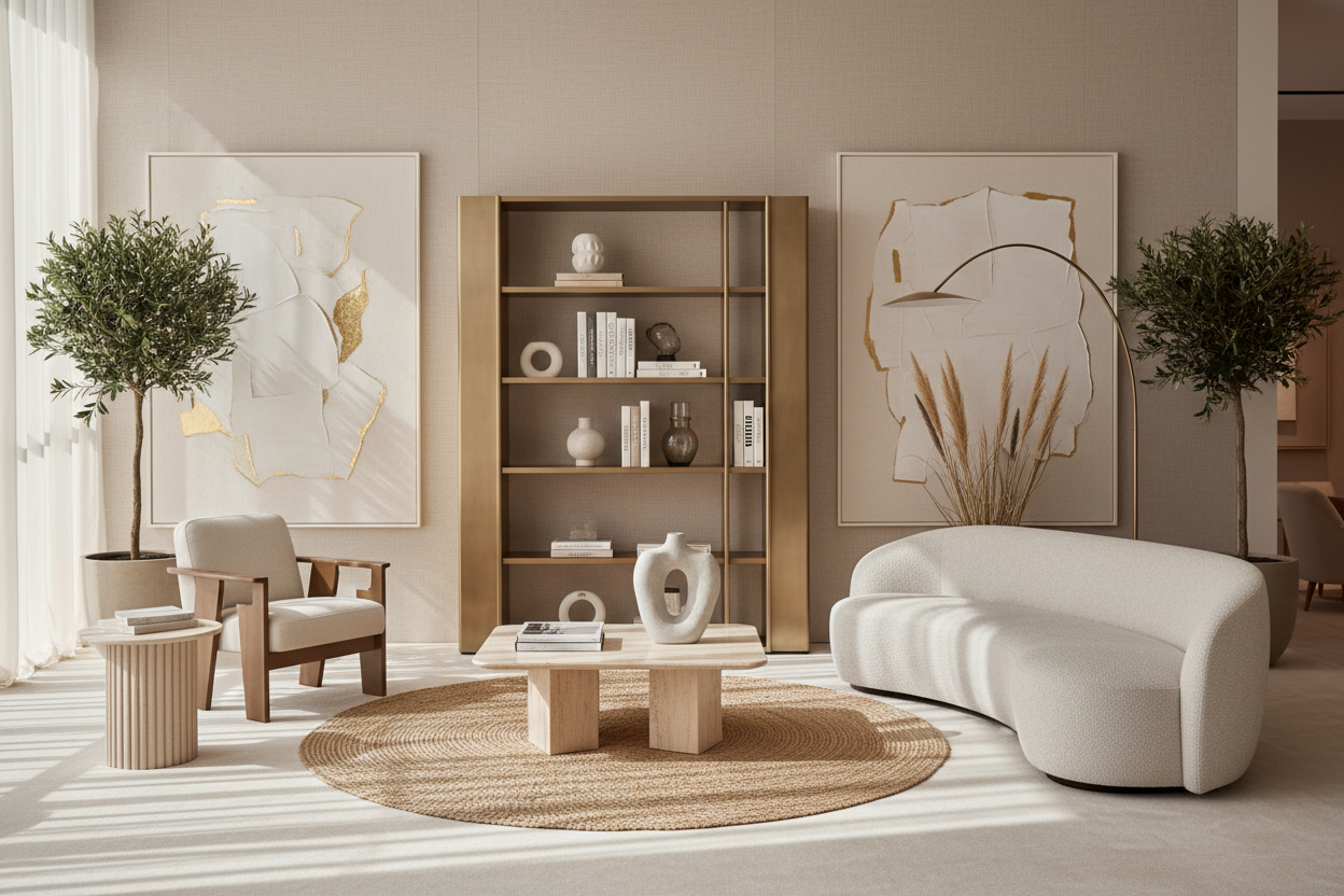 A well-decorated and fashionable  luxury background filled with modern art furniture product display, soft neutral tones off-white, subtle texture, gentle shadows, luxury decor elements, photorealistic, high resolution, ideal for furniture product page

