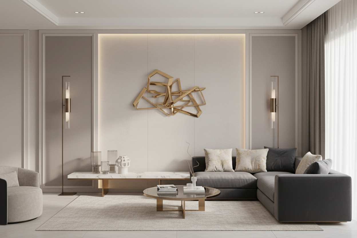 A well-decorated and fashionable  luxury background Modern furniture product display, soft neutral tones Charcol, subtle texture, gentle shadows, luxury decor elements, photorealistic, high resolution, decor lights, ideal for furniture home page
